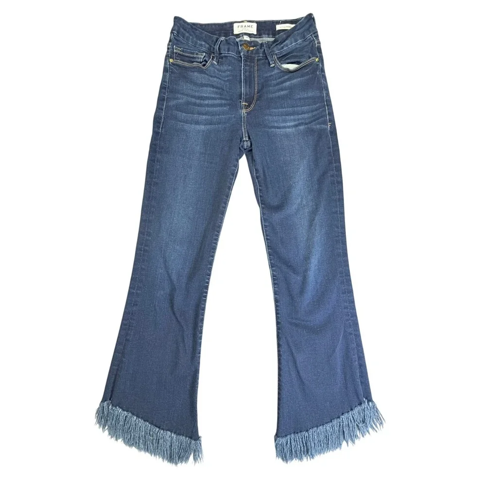 FRAME Jeans Womens 25 Le Crop Mini Boot Blue Fringe Hem Dark Wash Denim - Picture 2 of 10